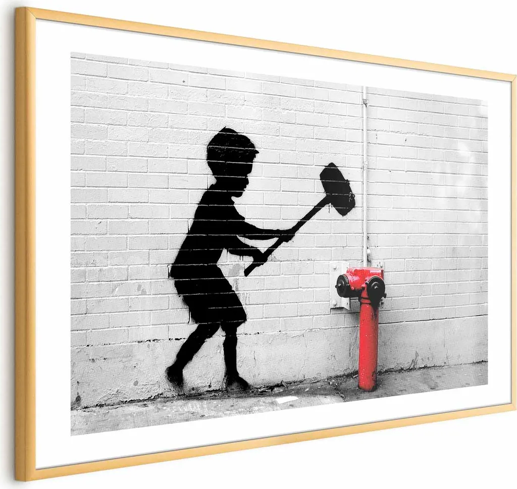 Poster Banksy Distruggere l'Idrante 60x40 con Cornice Dorata Elegante