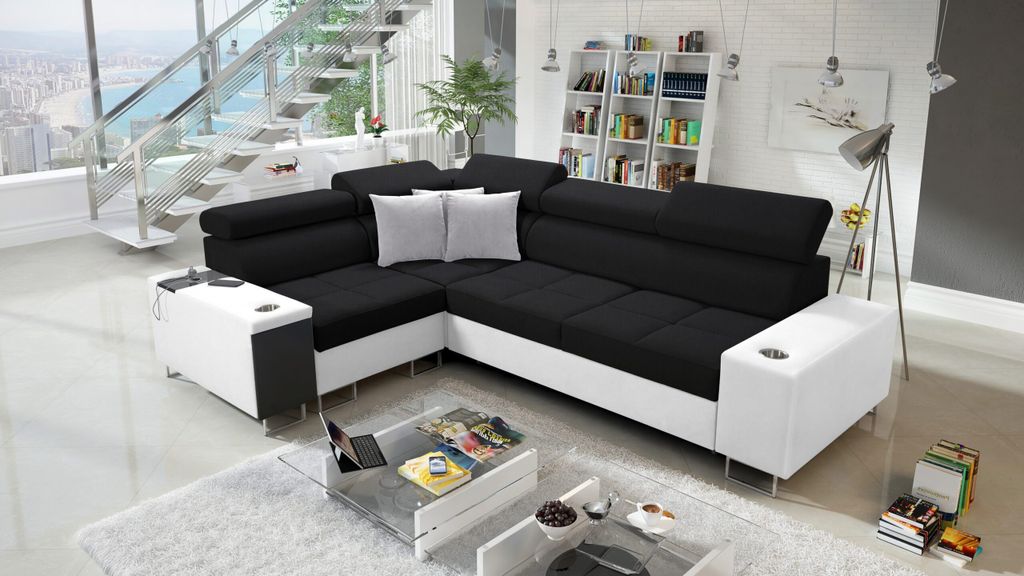 Kaiser Möbel Elegantes Ecksofa mit Konsole und Ladegerät MORENA II Kunstleder/Sawana Weiß/Schwarz Rechts