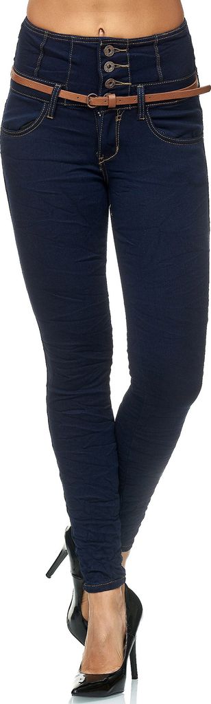 Elara Damen Jeans Skinny High Waist Hose mit Gürtel und Push Up Effekt 1577 Blue-38 (M)