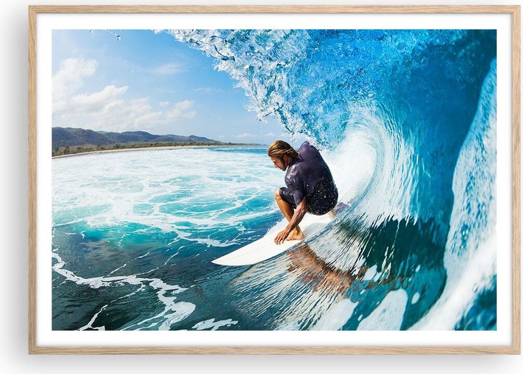 Gerahmtes Poster - Rahmen in heller Eiche - Surfen Surfer Ozean Welle - 100x70 cm - Wand Bild - Wanddeko - Wandbilder - Wandposter - Bilderrahmen -...