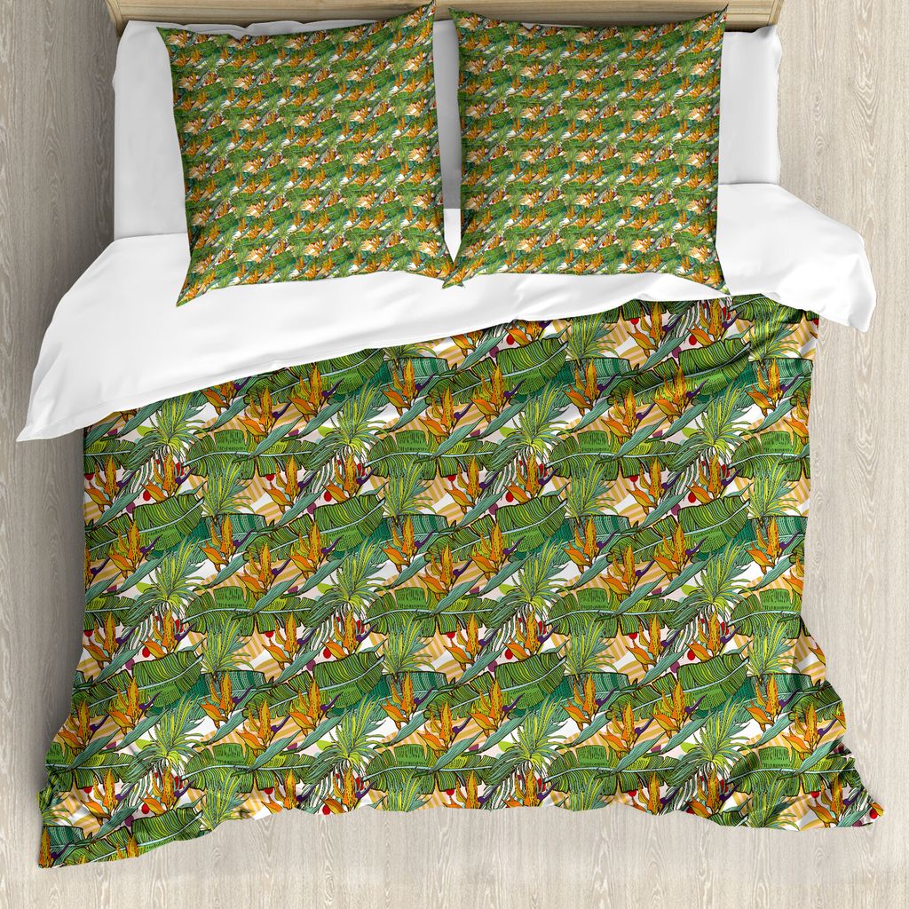ABAKUHAUS Exotisch Bettbezug Set für Einzelbetten, Sommer-tropisches Laub Kunst, Milbensicher Allergiker geeignet mit Kissenbezug, 155 cm x 220 cm...