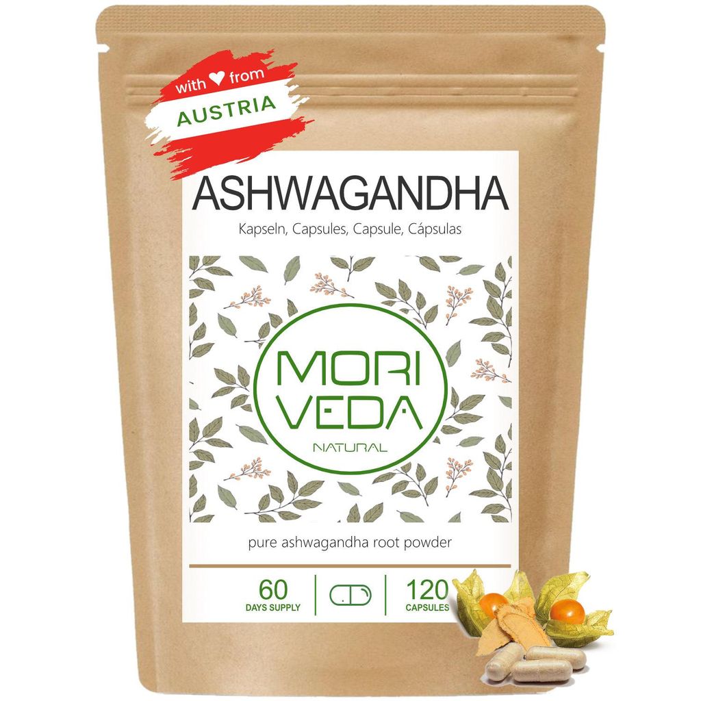 Moriveda Ashwagandha Kapseln – 120 Stück – 1000 mg Wurzelpulver – 22 mg Withanolide pro Tagesdosis – vegan – aus Indien
