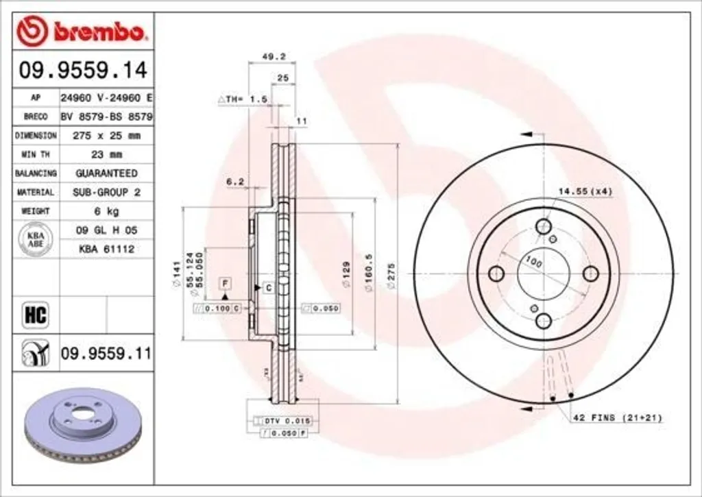 Disque de frein Brembo 09.9559.14 d'origine pour Corolla E12