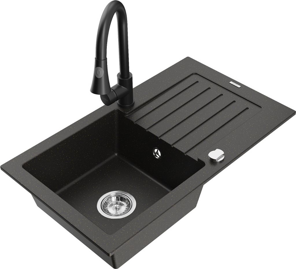 Mexen Pablo 1 Becken-Granitspüle mit Abtropffläche und Mischbatterie Elia, Schwarz/Gold metallisch - 6510-75-670101-70