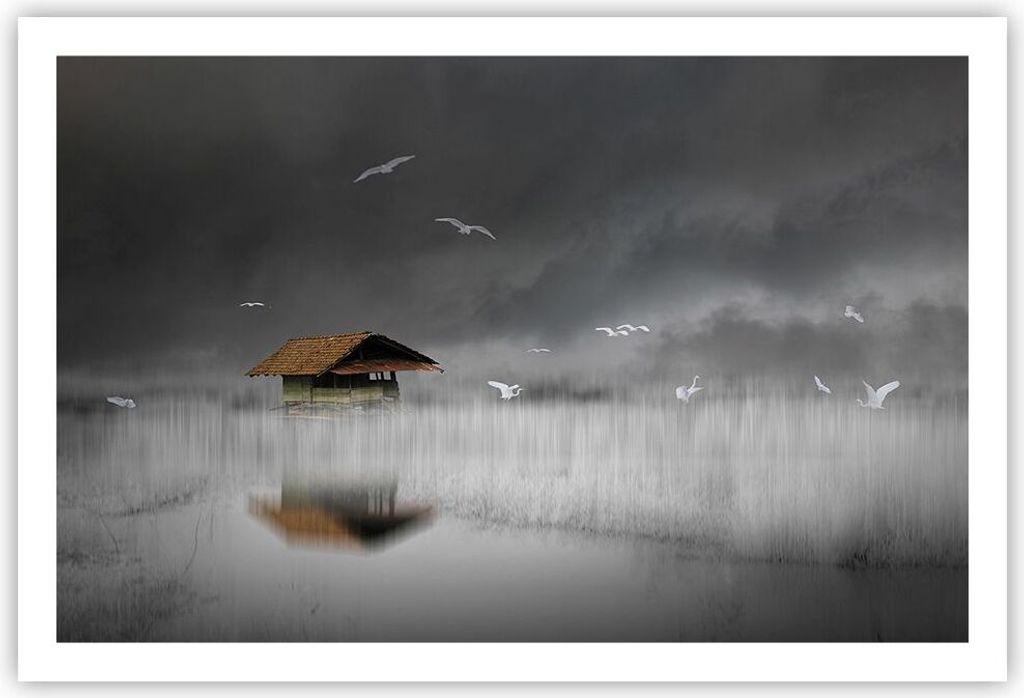 Poster - Poster ohne Rahmen - Hütte Nebel Sumpf - 91,5x61 cm - Wand Bild - Wanddeko - Wandbilder - Kunstposter - Wandposter - Bilder - Kunstdruck ...