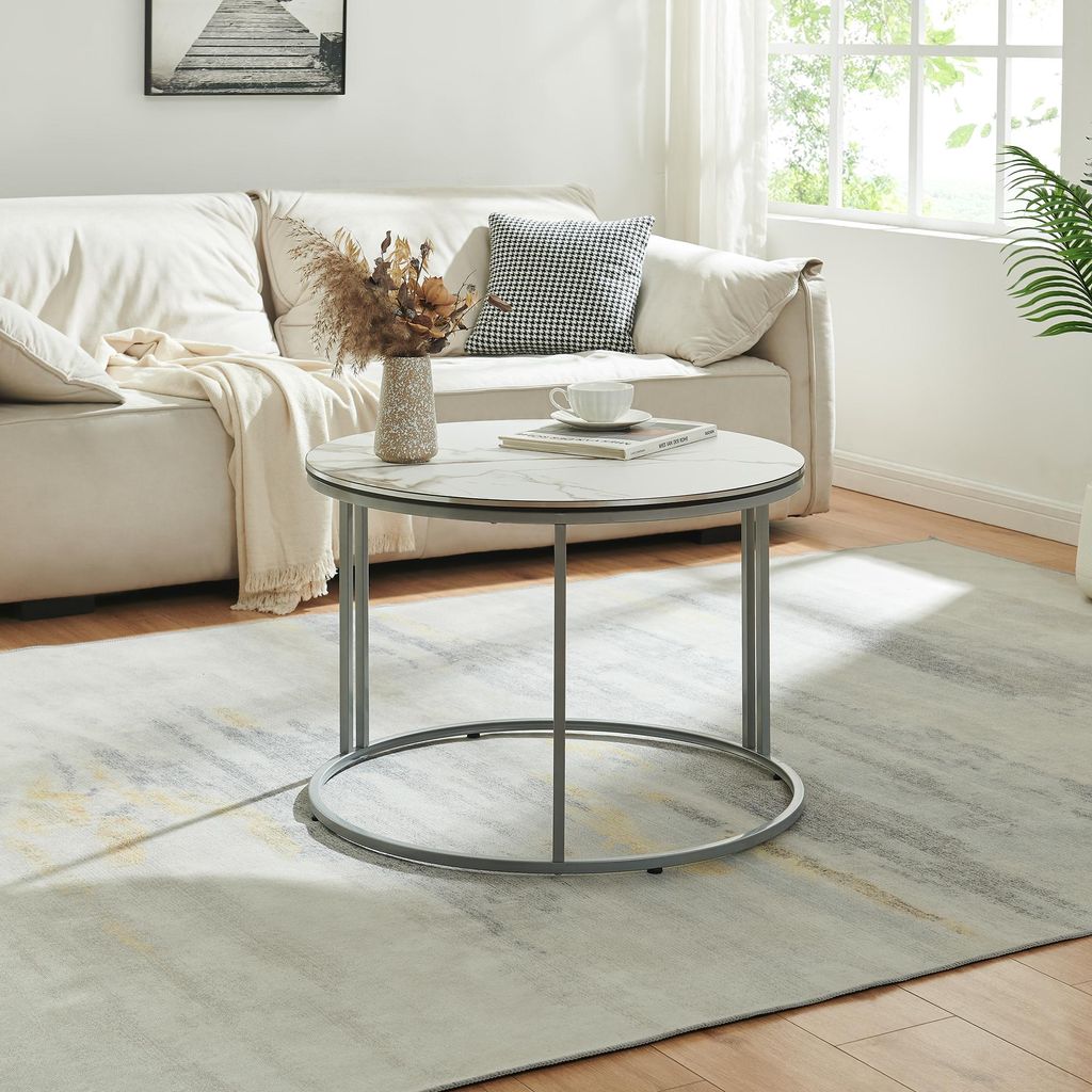 Salontafel 'Aulum', 50 x 70 cm, marmer, wit/zilver Productafbeelding 