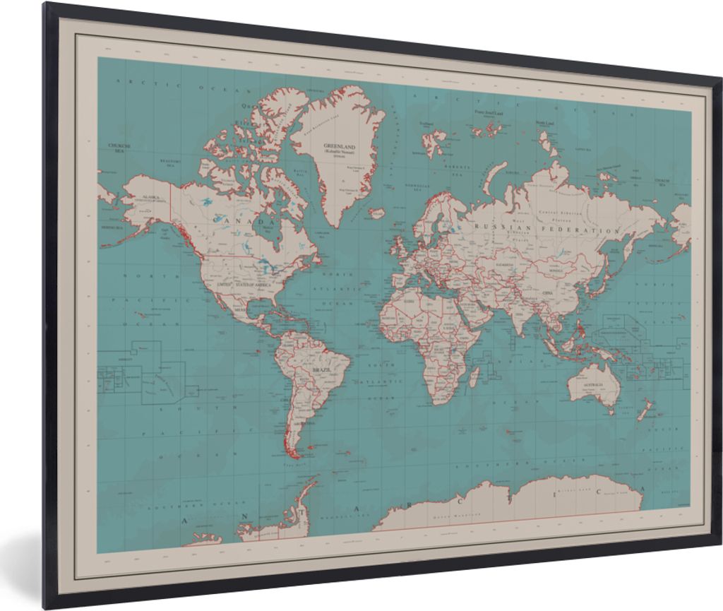 MuchoWow Gerahmtes Poster Weltkarte - Vintage - Atlas - Kinder - Jungen - Mädchen 60x40 cm - Poster mit Schwarzem Bilderrahmen Wandposter Rahmen...