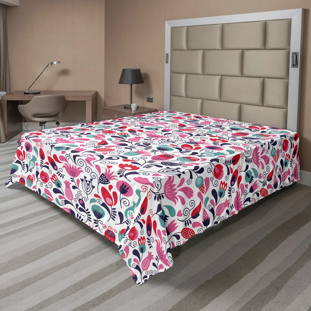 Drap plat Tulipe 244x205 cm, Fleurs Élaborées, Rose Bleu Sarcelle