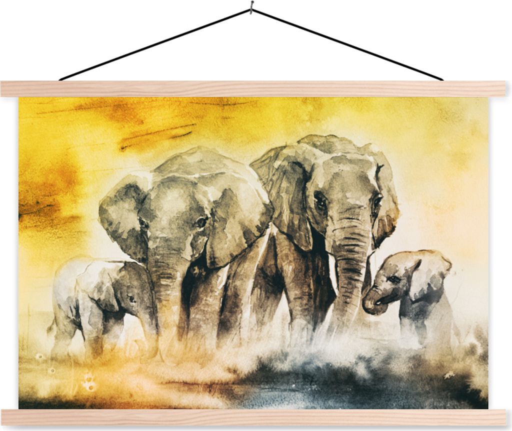 MuchoWow Textilposter Elefant - Aquarellfarbe - Familie 60x40 cm mit holzfarbenen Rahmen - Bilder