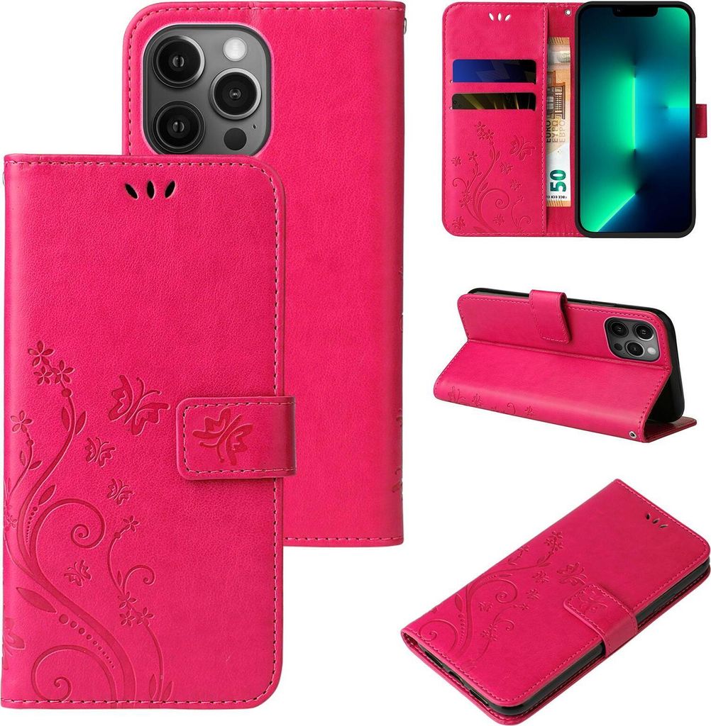 Handyhülle für Apple iPhone 13 Pro Max Floral Blumen Schmetterling Flip Cover Hülle Case Klapphülle Handytasche Farbe: Pink