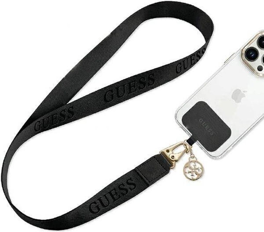 A black crossbody strap with the Guess logo is attached to a clear phone case on a white background.