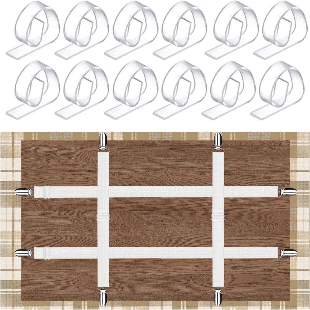 16 Tischdeckenclips aus Kunststoff + 4 verdeckte Gurtclips – transparent – für Hochzeiten/Camping/Picknicks – diskrete Befestigung