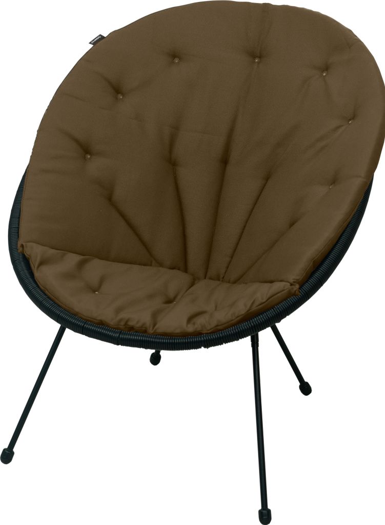 A brown cushion on a black chair with black legs, isolated on a white background.