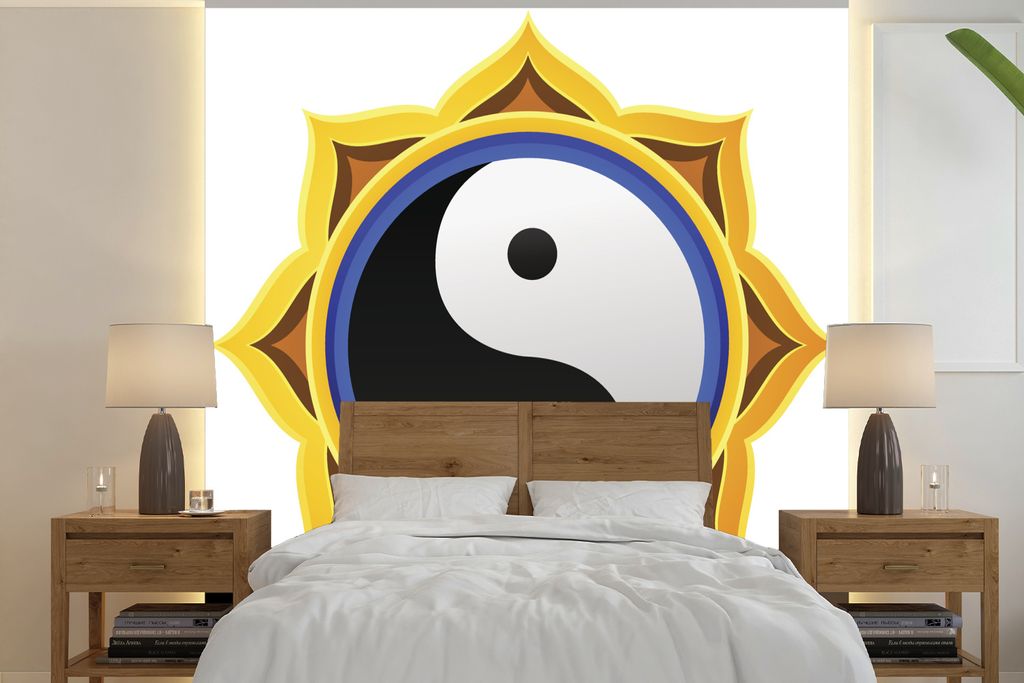 MuchoWow Fototapete für Wohnzimmer oder Schlafzimmer Wandtapete Vinyl Motivtapete Eine Illustration von Yin und Yang in einer Sonnenblume - 220x...