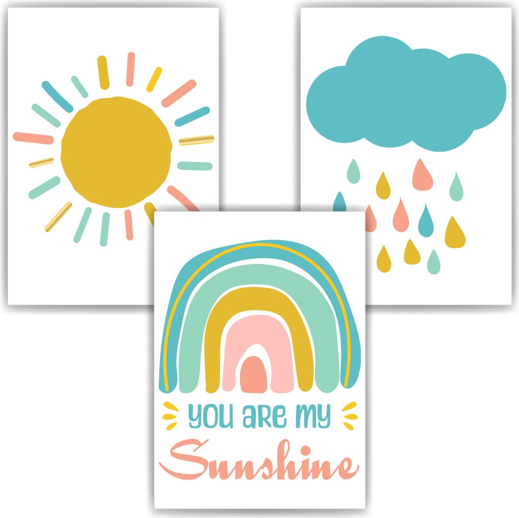 You are my Sunshine Bilder 3er Set DIN A4 Kinderzimmer Wandbilder Babyzimmer Poster Dekoration Sonne Regenbogen