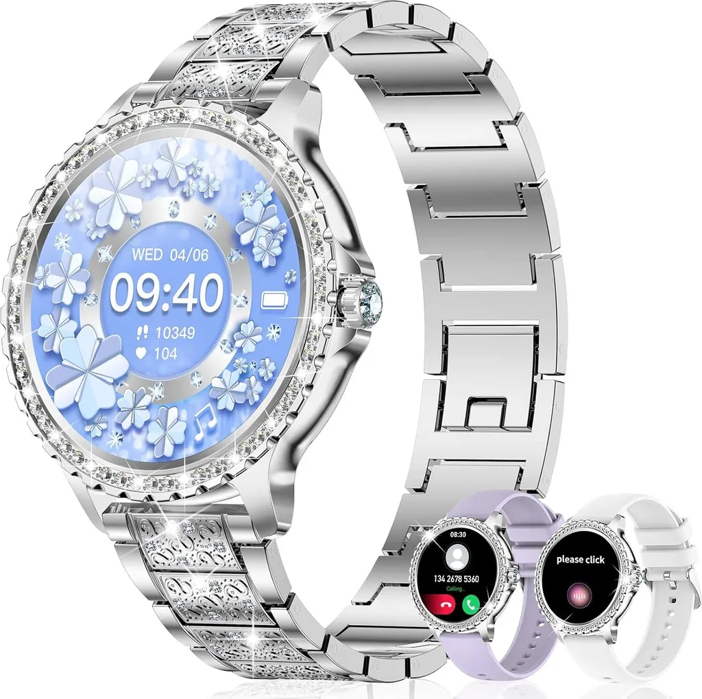 Funzione Diamante, orologio da donna da 1,32 pollici con funzione di chiamata, ciclo mestruale SpO2 cardiofrequenzimetro, monitor del sonno, controllo della musica, 19 modalità di sport orologio