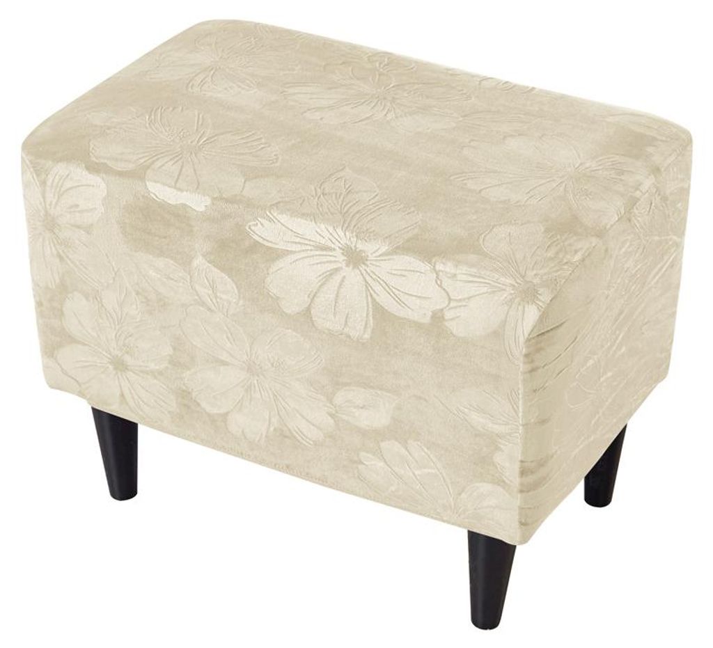 Hockerbezug / Poufbezug für Fußhocker und Pouf – Creme, Velours, geprägtes Hibiskusblüten, weich, elastisch, passgenauer Schutzbezug