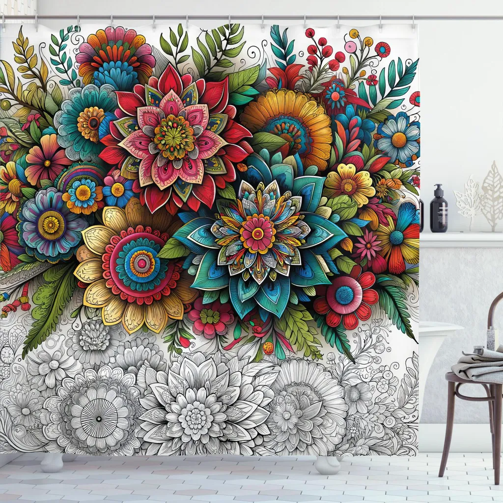 Tenda Doccia Tessuto ABAKUHAUS 175x200 Fiori Orientali Grigio
