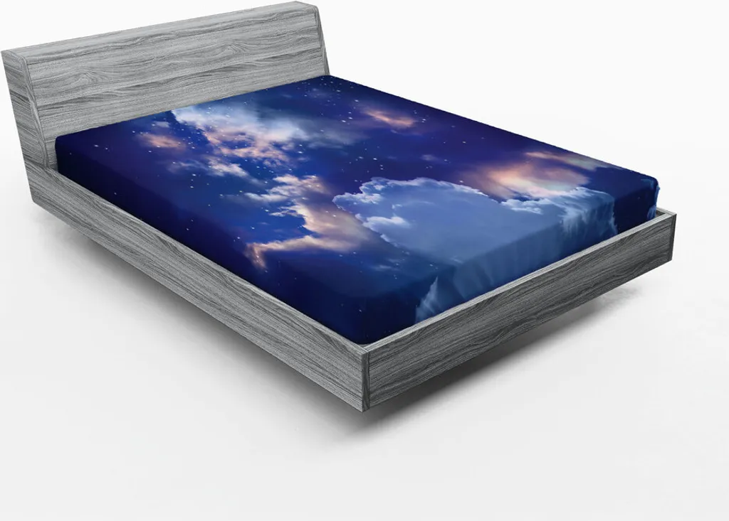 Drap-housse grand lit 180x200 cm motif ciel étoilé et nuages bleus