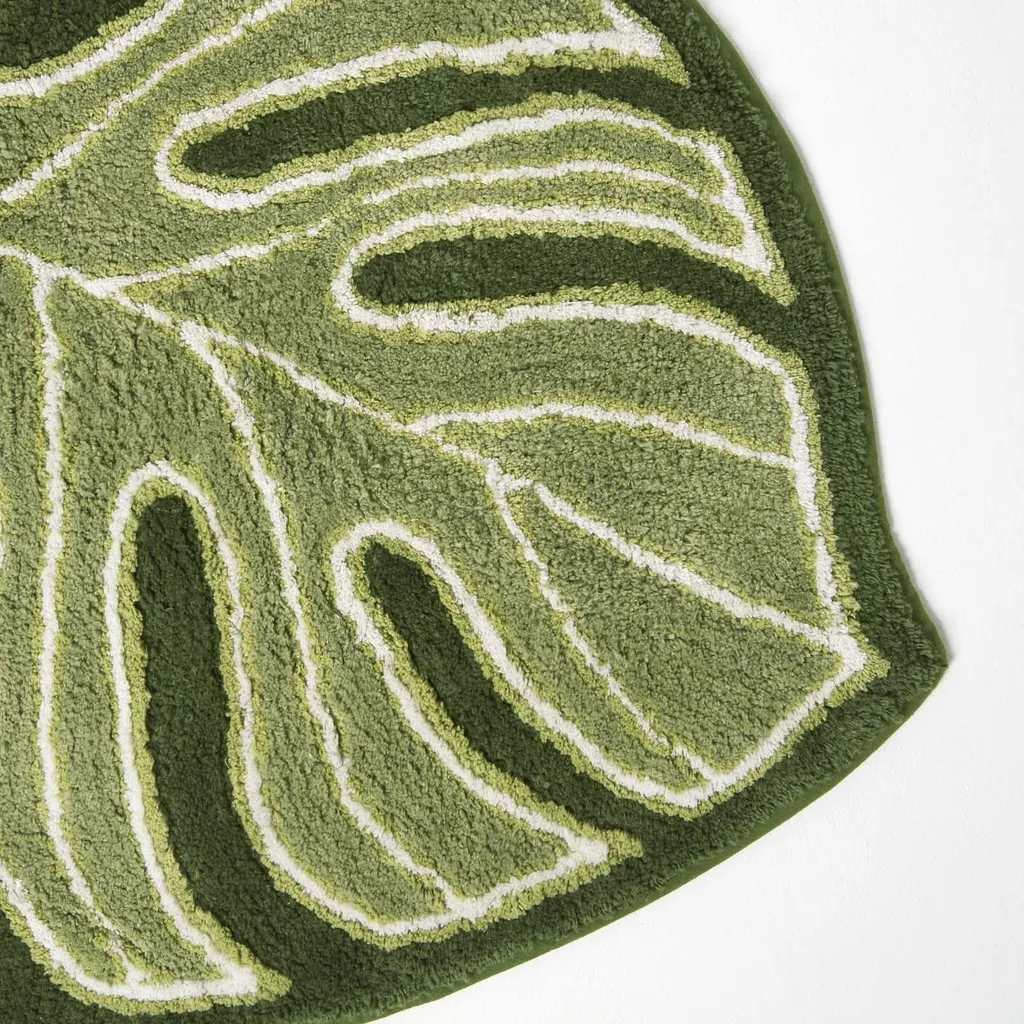 Tapis de bain vert feuille Monstera pur coton - Douceur et Absorption - 2