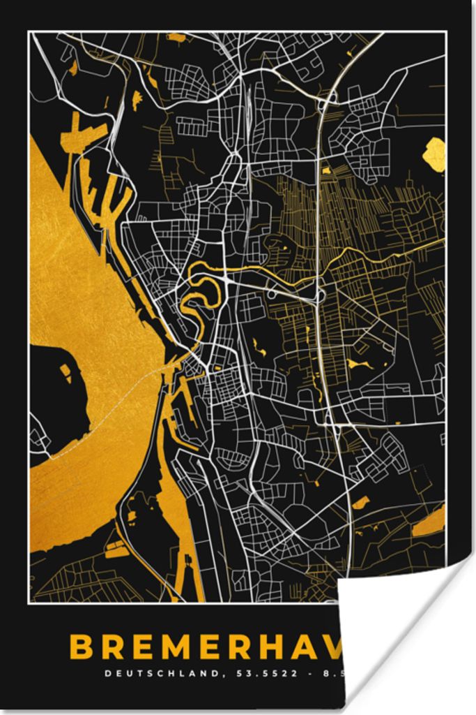 MuchoWow Poster Bremerhaven - Gold - Stadtplan - Karte - Deutschland 60x90 cm - Wanddekoration