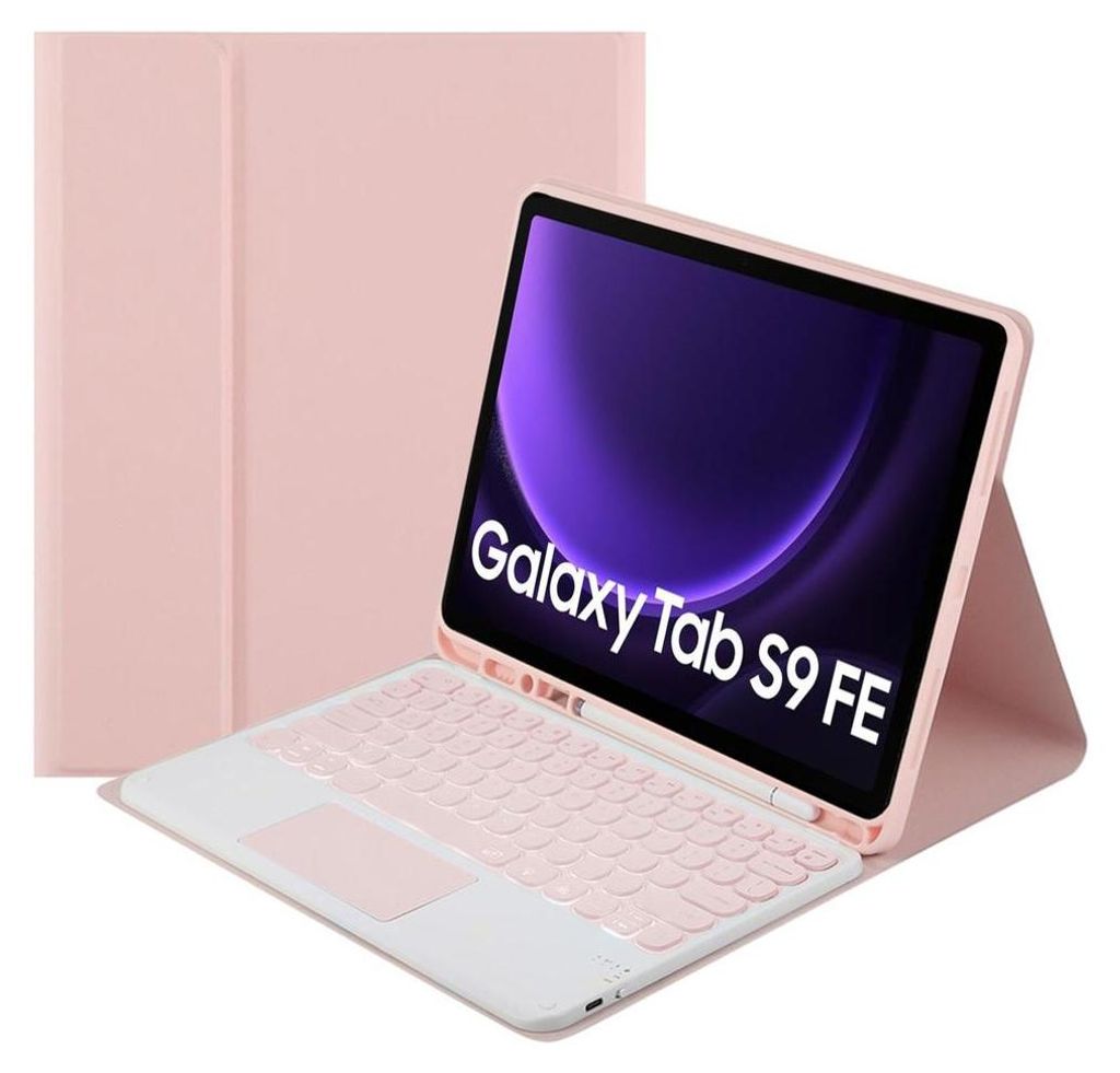 A pink tablet case with an attached keyboard and touchpad is displayed.