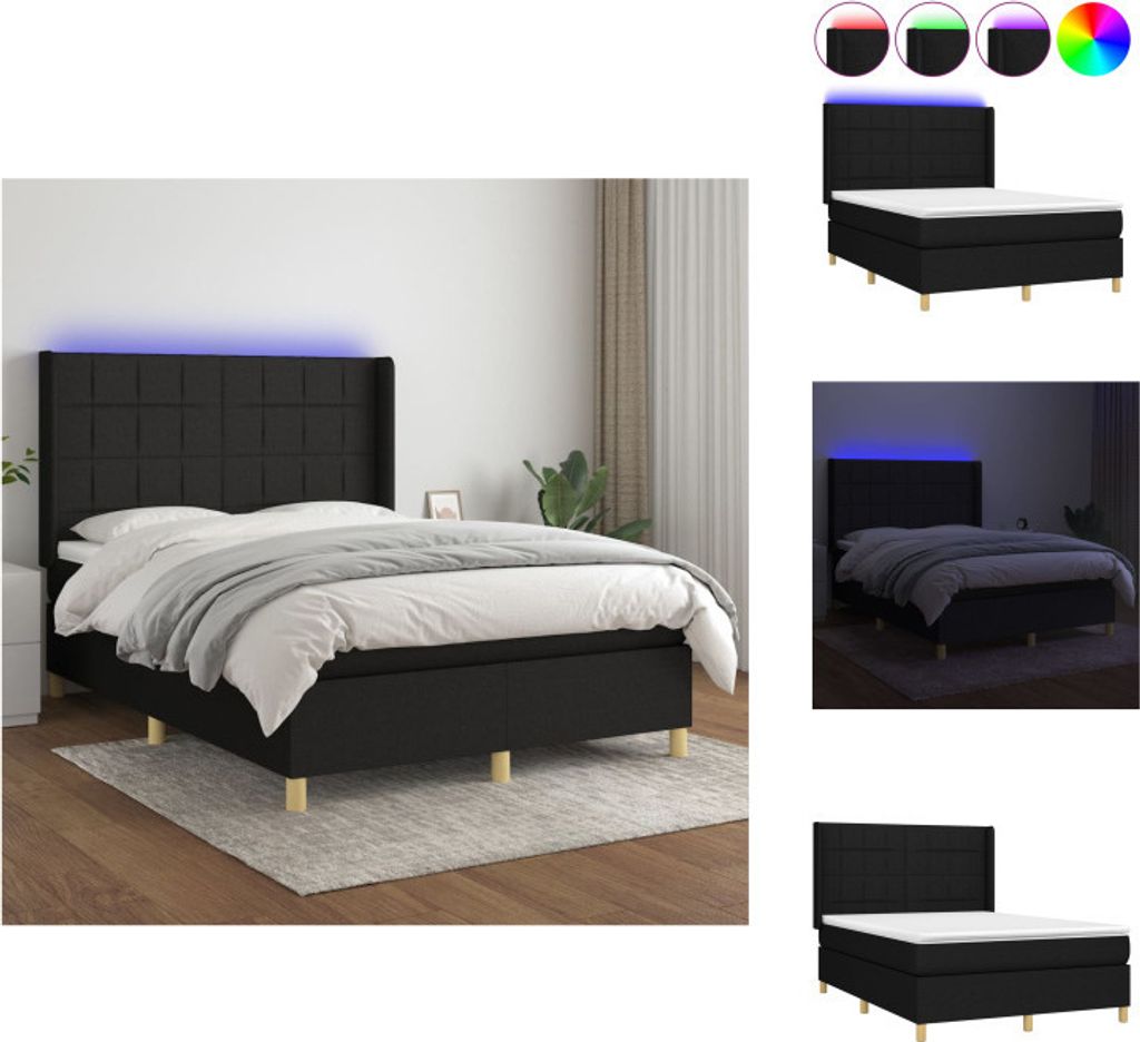 vidaXL Boxspringbett mit Matratze & LED Schwarz 140x190 cm Stoff - Betten & Bettgestelle