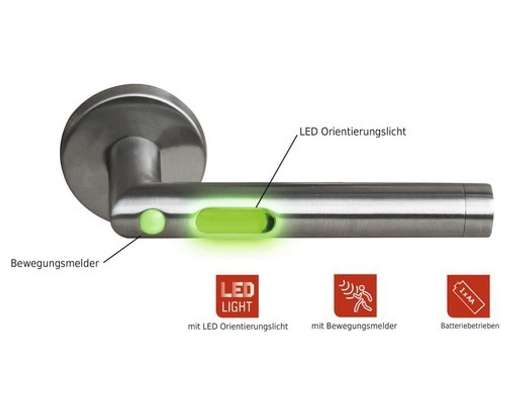Rosettengarnitur für Zimmertüren mit Buntbartlochung, mit Leuchtsensor in Farbe grün, Türklinke mit Bewegungsmelder, Cliprosette Ø52mm