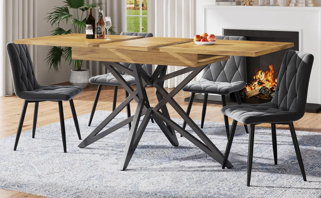 Table à manger extensible Sweiko et chaises velours gris à motifs chic
