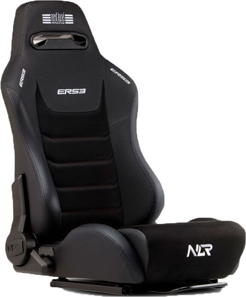 A black racing seat is shown against a white background.