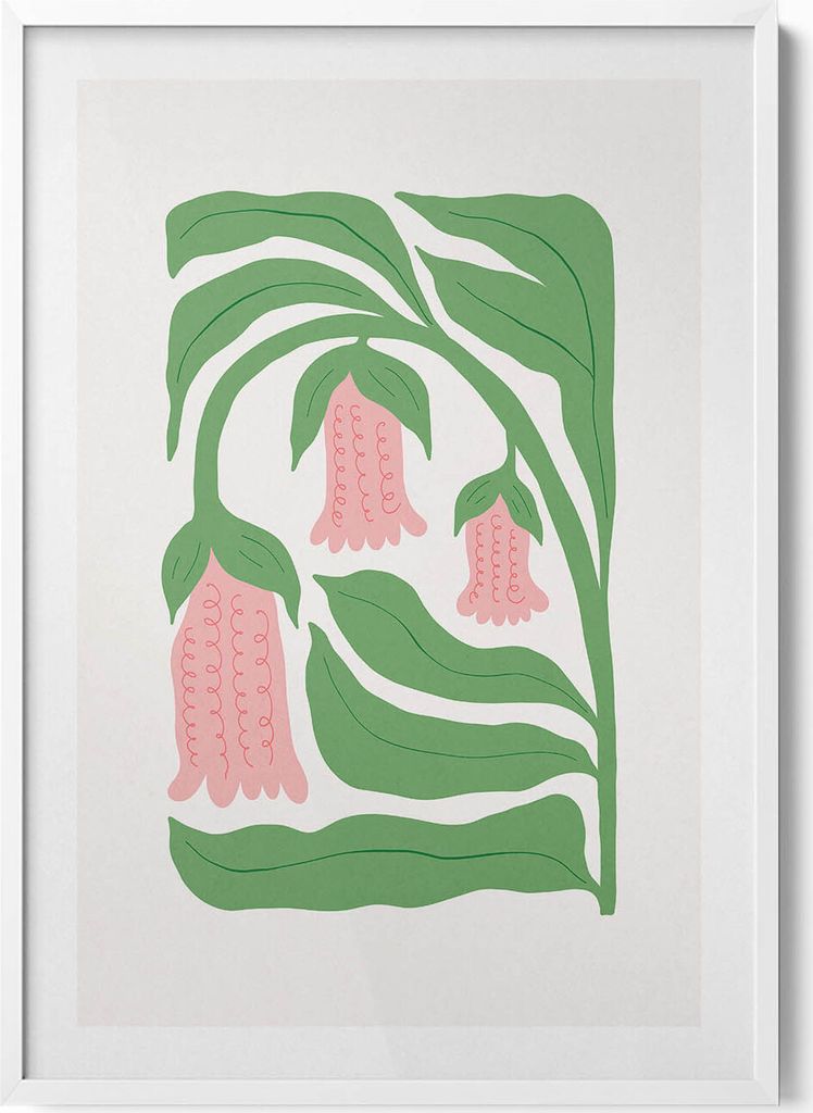 Illustration von Pflanzen und Blumen– Wandbild mit Rahmen – Gerahmtes Bild – Wanddekoration – 70x100 cm – Weiß Rahmen