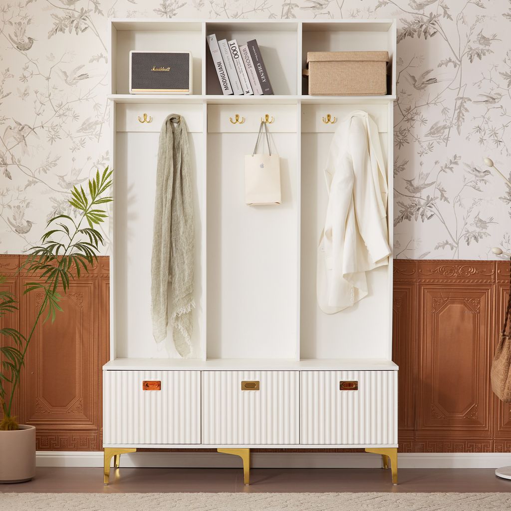 MODFU Garderoben-Set 120×40×191cm Kleiderschrank mit Bank,Garderobe Weiß mit 6 goldene Haken und Füße,Multifunktionales Flurmöbelstück mit S...