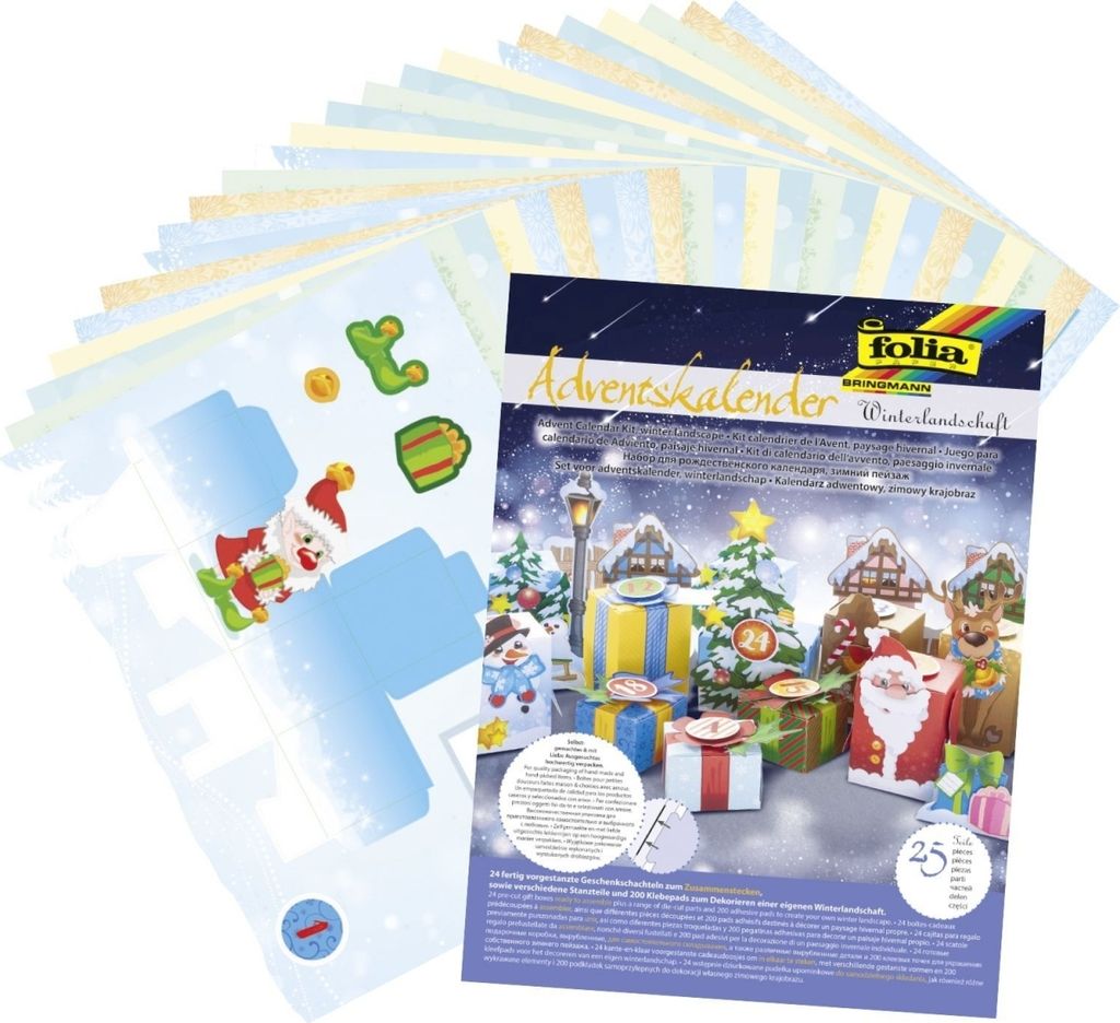 A collection of paper sheets with Christmas-themed designs, including cut-out templates for an advent calendar, and a promotional image of the finished advent calendar.