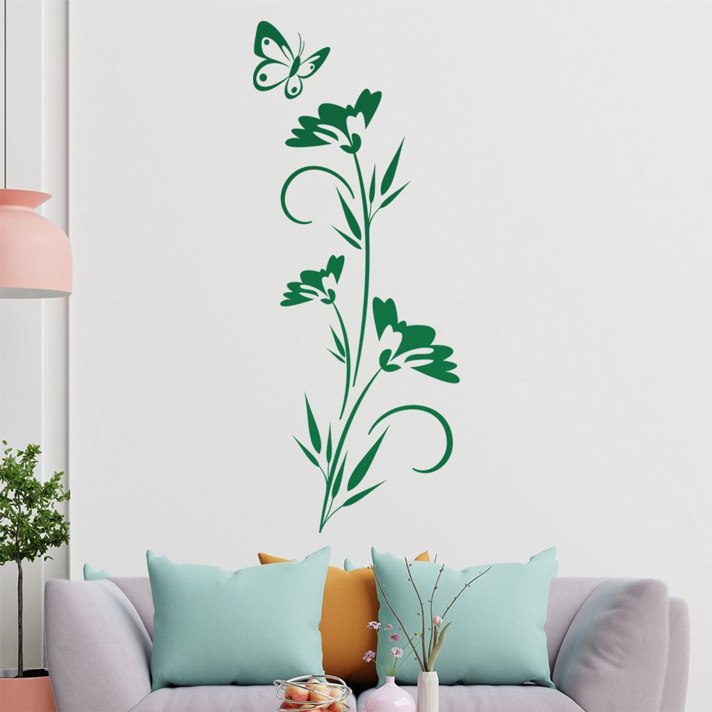 Schmetterling schwebt über Blüte Wandtattoo in 6 Größen - Wandaufkleber Wall Sticker - Dekoration, Küche, Wohnzimmer, Schlafzimmer, Badezimmer