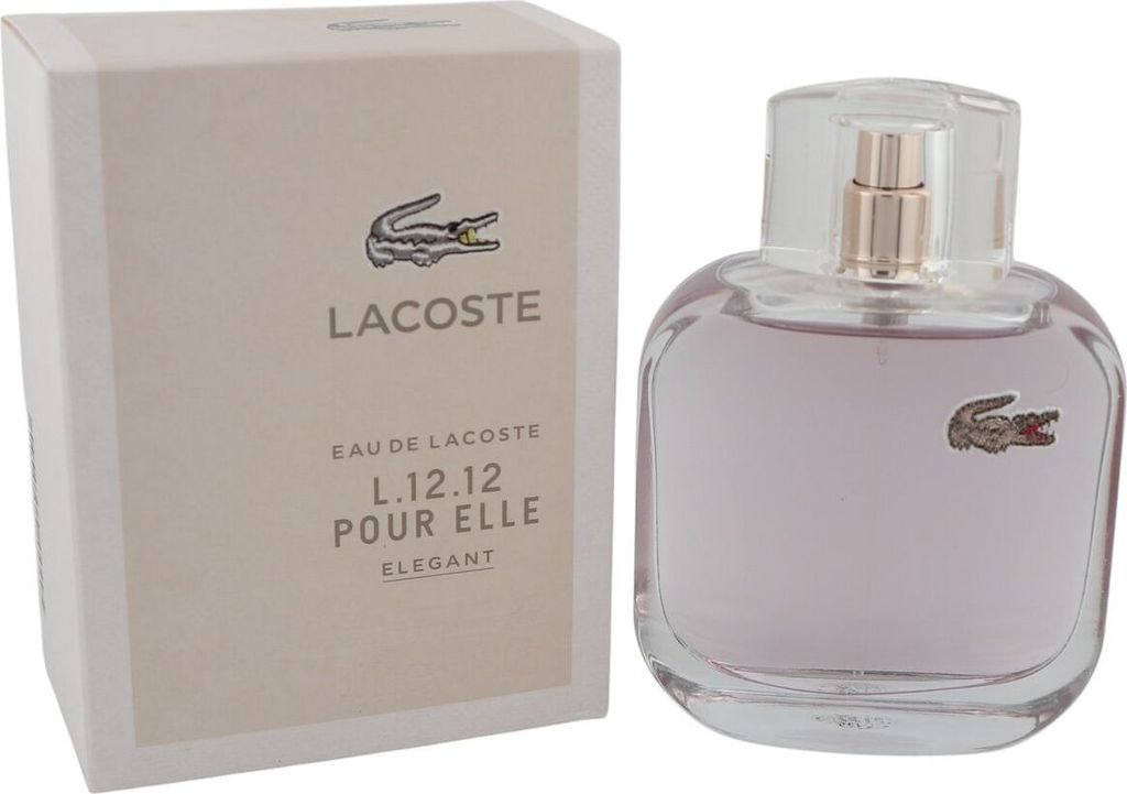 Lacoste L.12.12 Pour Elle Elegant in transparentem Flakon mit hellviolettem Duft und passender, beigefarbener Box mit Krokodil-Logo.