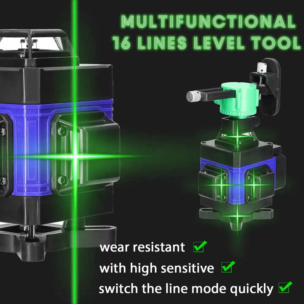 Dispositivo di livellamento laser 4D multifunzionale con 16 linee, 3°, macchina autolivellante, dispositivo di livellamento ricaricabile a batteria al litio USB con lunghezza di 1,2 m, stativo a tre vie regolabile in lega con asta di prolunga - 3