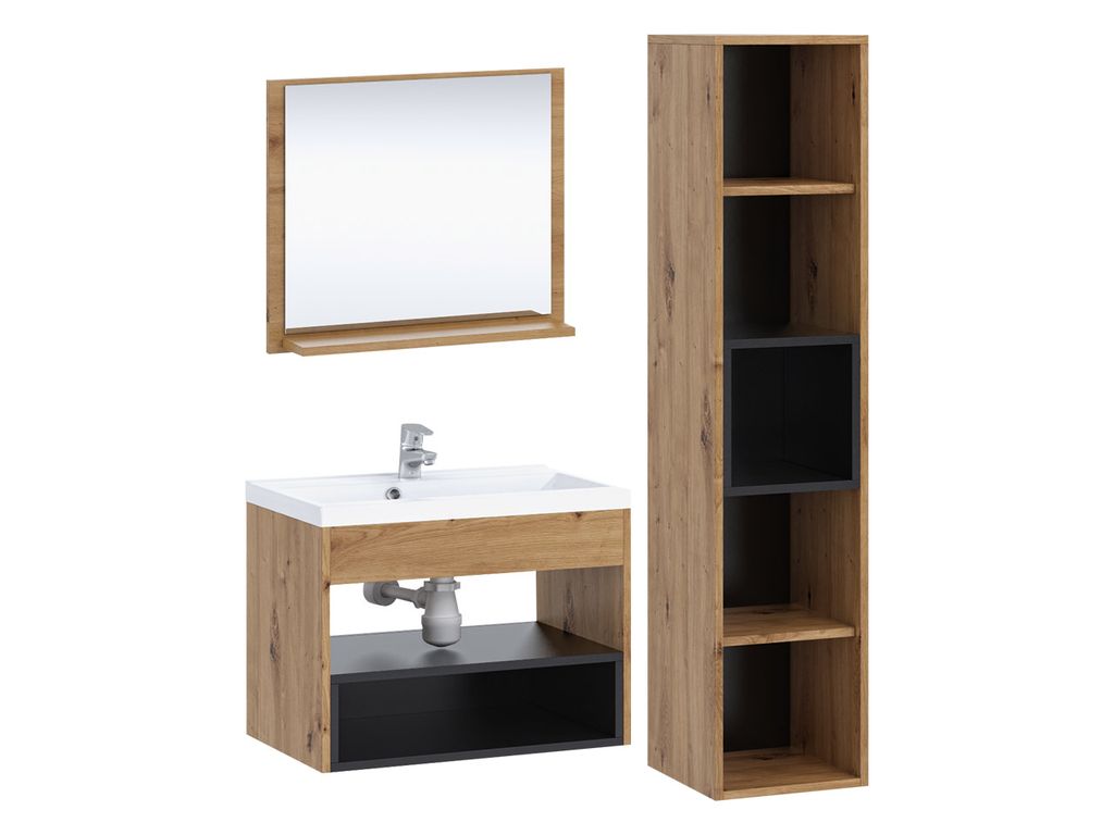 A bathroom vanity set with a mirror, sink, and a tall cabinet, presented against a white background.
