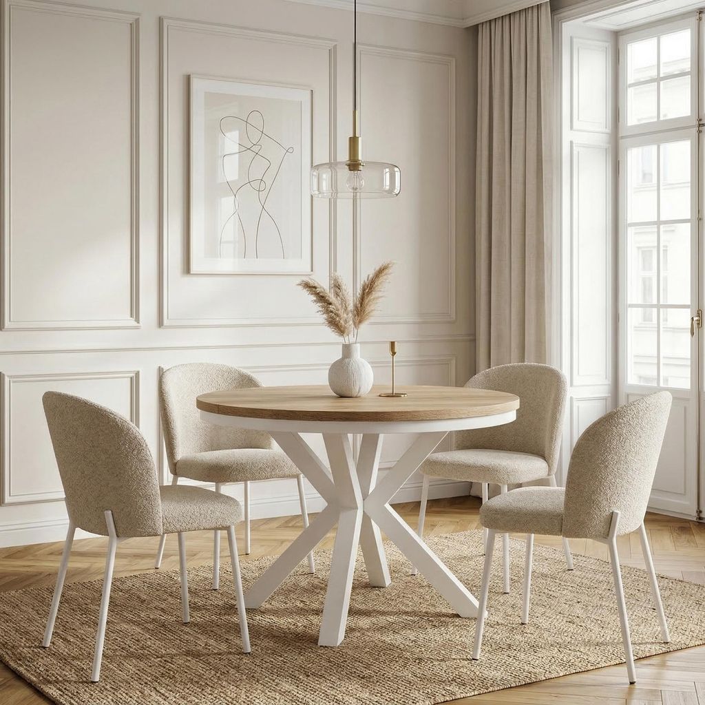 Runder Ausziehbarer Tisch für Esszimmer RAL mit Ring-Gestell, Loft-Stil, Industriel, Durchmesser: 110 / 160 cm, Farbe: Eiche Sonoma / Weiß