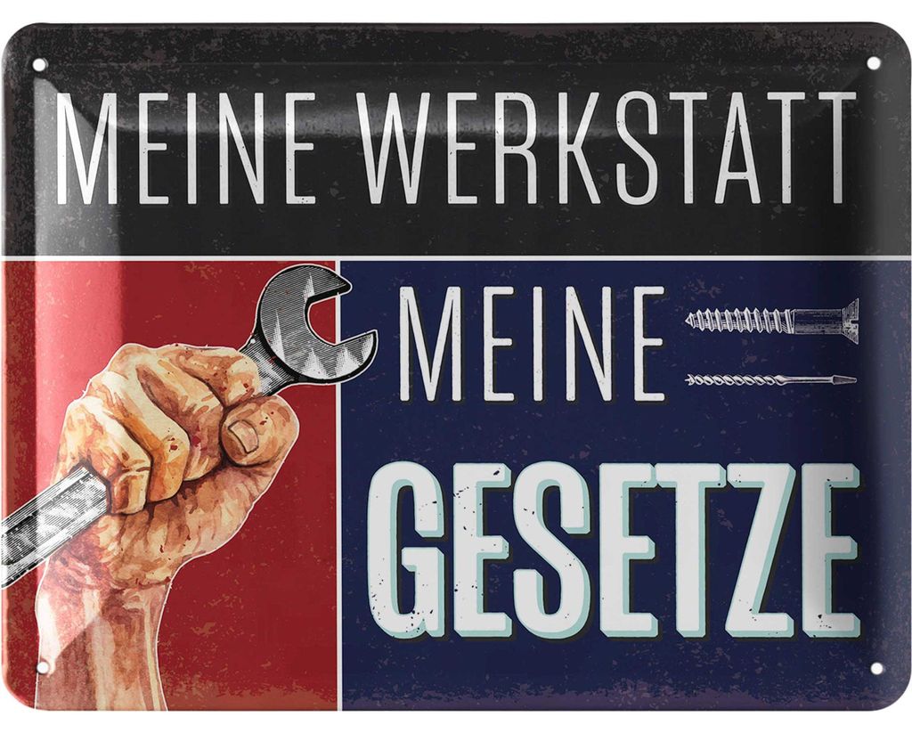 LANOLU retro Blechschild Meine WERKSTATT meine GESETZE, Deko Werkstatt Papa, Vatertagsgeschenk Schild, Werkstattschild Regeln, 15x20cm