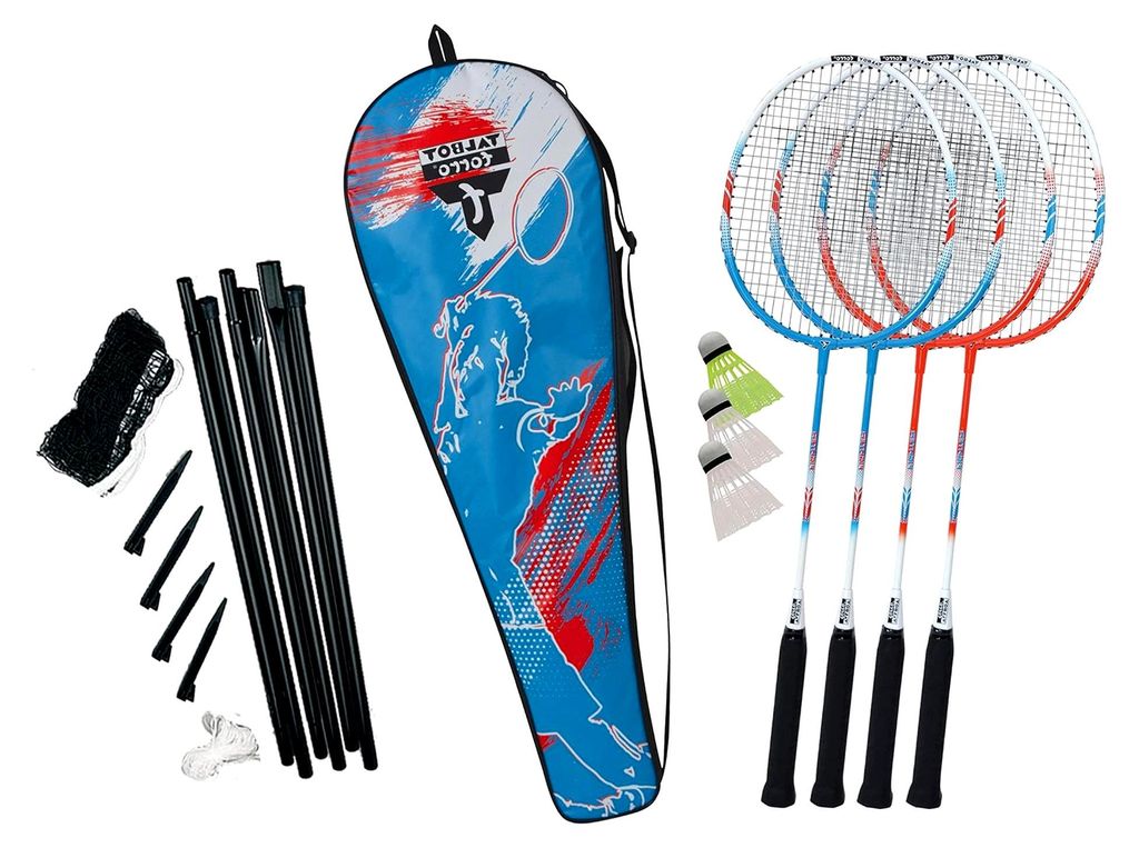Badminton-Set 4-Fighter, Komplettset mit 4 Aluminium-Schlägern, 3 Federbällen, Netzgarnitur und Tasche