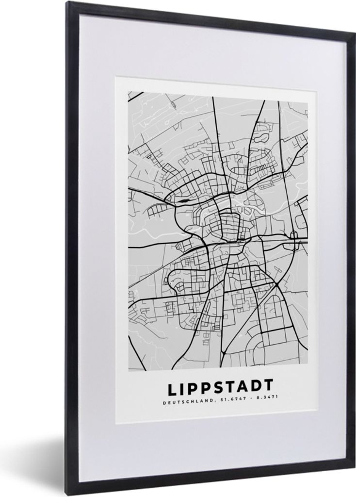 MuchoWow Gerahmtes Poster Lippstadt - Karte - Stadtplan - Deutschland 40x60 cm - Poster mit Schwarzem Bilderrahmen Wandposter Rahmen Foto Bilder ...