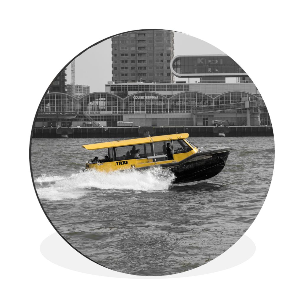 MuchoWow Aluminium Wandkreis Schwarz-Weiß-Fotografie eines Bootes in der niederländischen Stadt Rotterdam Ø 90 cm Wanddeko Modern Wohnzimmer -...