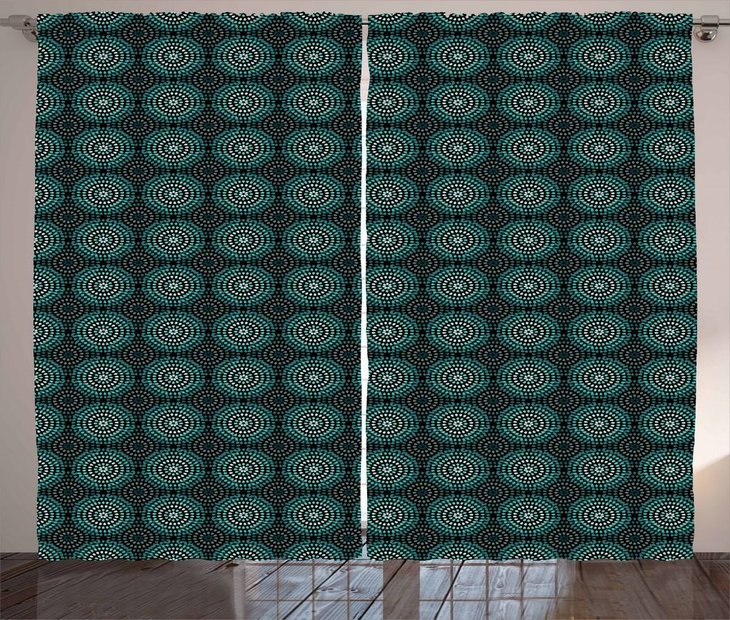 ABAKUHAUS Ikat Rustikaler Vorhang, Retro Blumenmotive, Wohnzimmer Universalband Gardinen mit Schlaufen und Haken, 280 x 245 cm, Teal Schwarzweiss