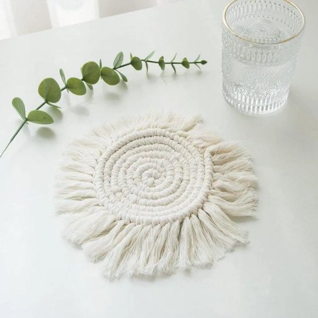 Sous-verres ronds en tissu avec pompons - Lot de 8 dessous de verre chic