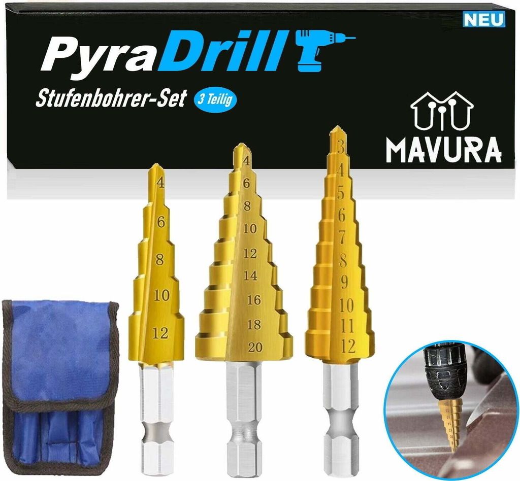 PyraDrill Stufenbohrer HSS Edelstahl Schälbohrer Kegelbohrer Konusbohrer 3er Set
