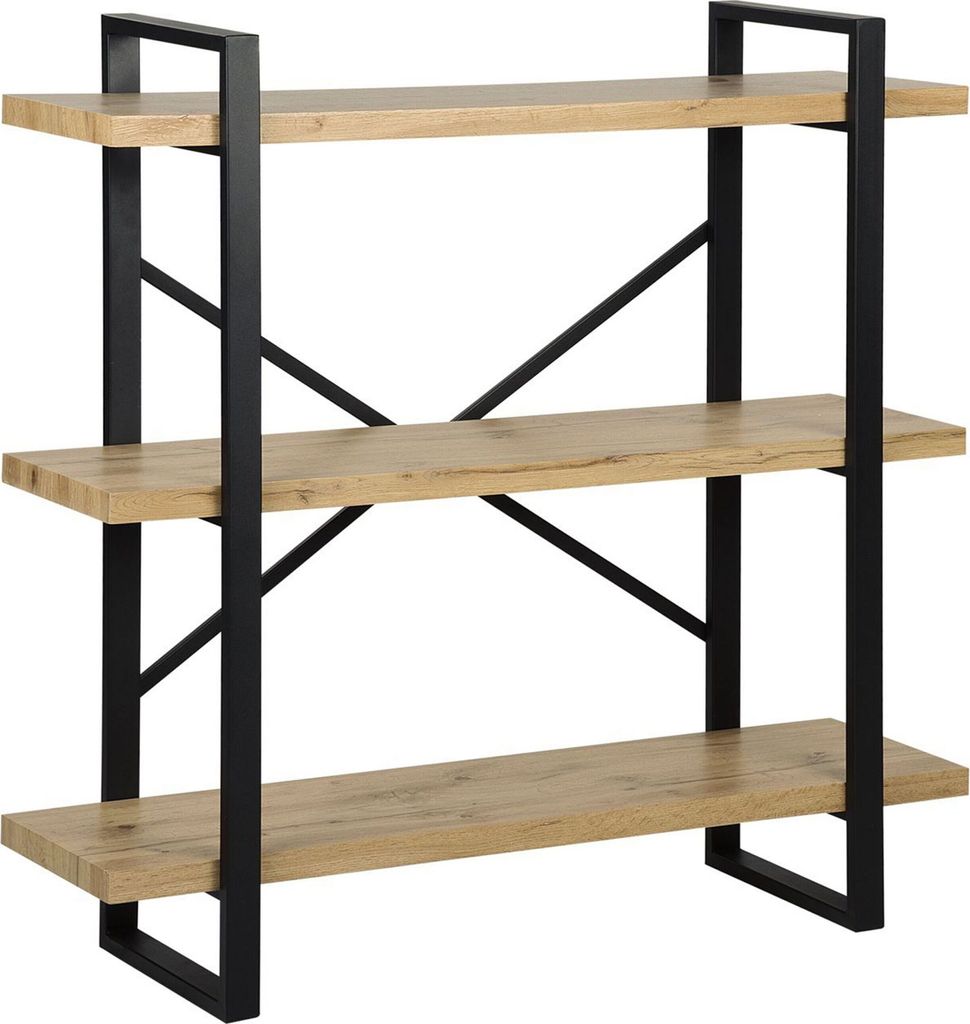 BELIANI Bücherregal Heller Holzfarbton MDF Platte Metall 111 x 111 x 35 cm Modern Industrieller Stil Praktisch 3 Regalböden Viel Stauraum Wohnzimmer