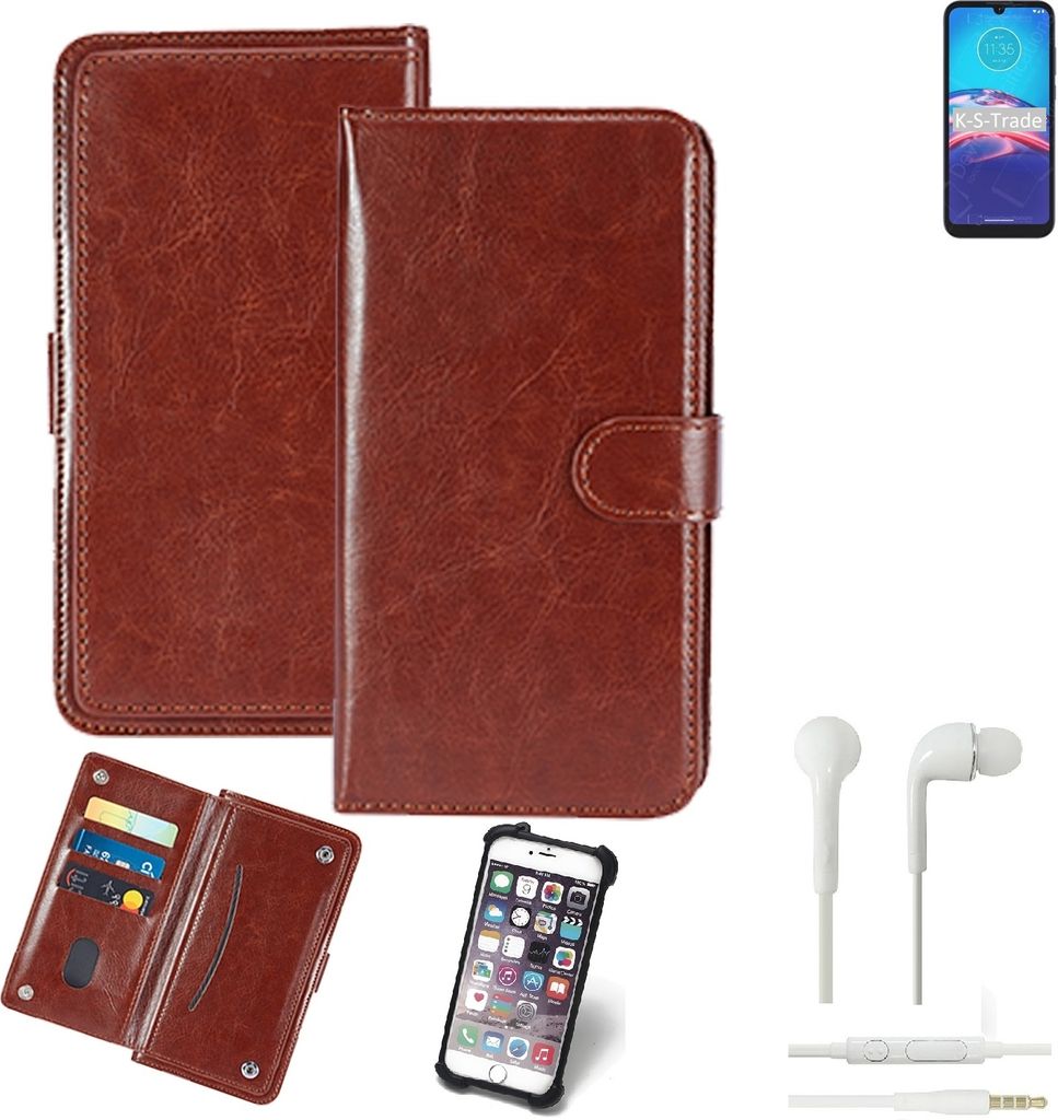 K-S-Trade 360° Hülle kompatibel mit Motorola Moto E6i inkl. Headphones braun Kunstleder Case BookCase WalletCase Kunstlederederhülle Handyhülle,