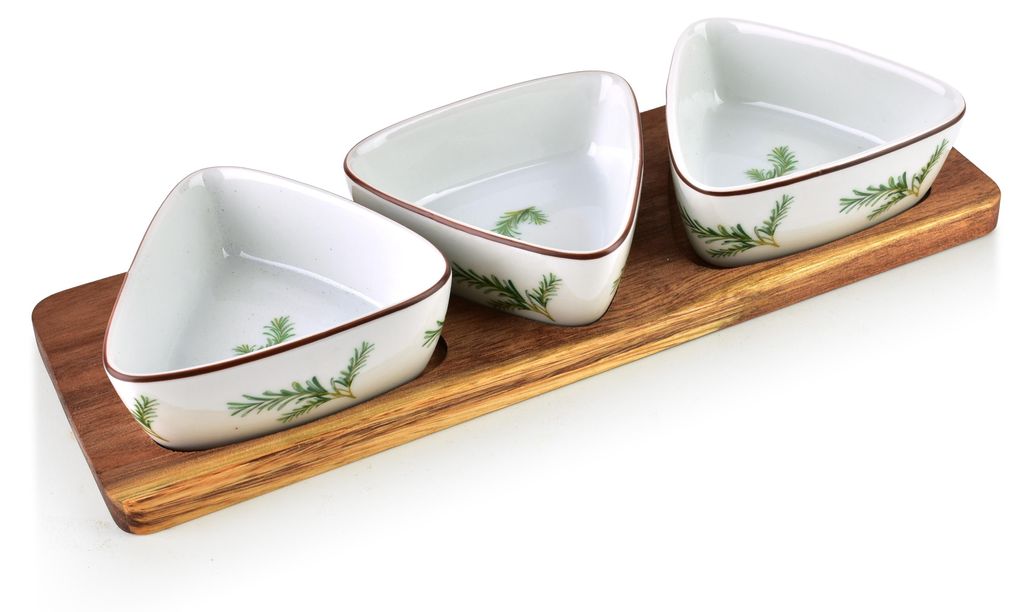 Servierbrett Akazienholz Allesken Modern Kitchen 28x9,5 cm Natur/Weiß 4-tlg (1 Brett + 3 Schalen 100 ml)