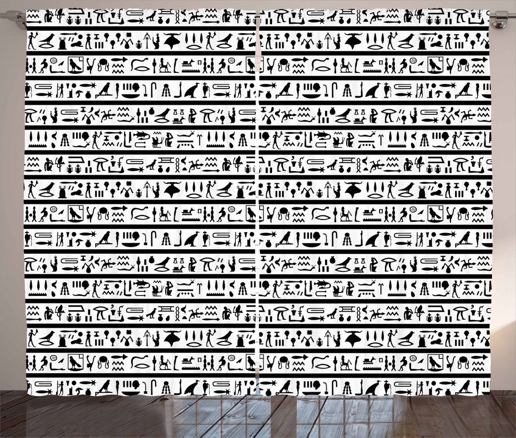 ABAKUHAUS ägyptisch Rustikaler Vorhang, Historische Sprache, Wohnzimmer Universalband Gardinen mit Schlaufen und Haken, 280 x 225 cm, Weiß Schwarz