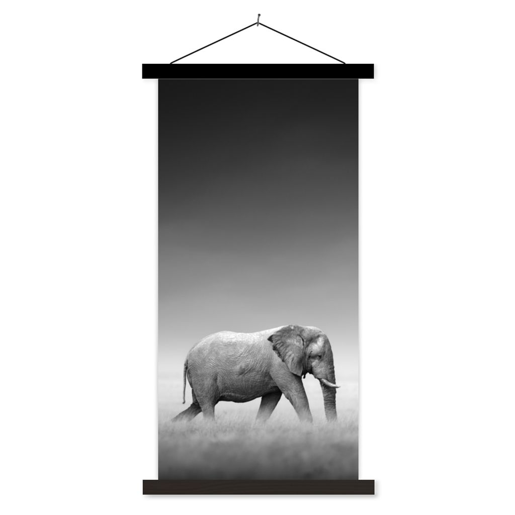 MuchoWow Textilposter Elefant - Tiere - Landschaft - Schwarz und weiß - Zebra 60x120 cm mit schwarzem Rahmen - Magnete